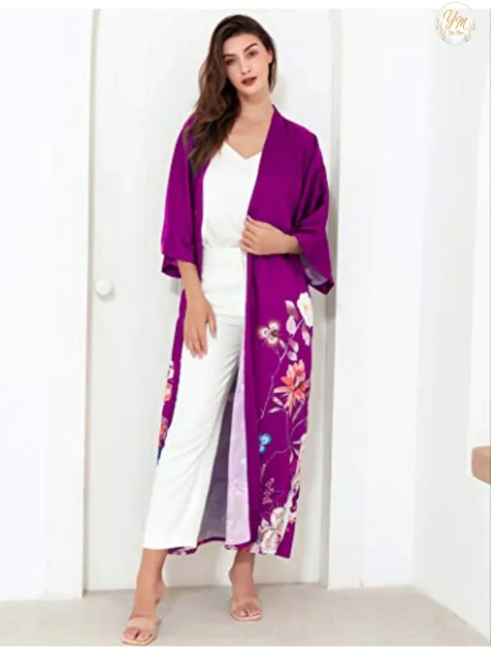Women's Silky Satin Kimono Robe - Long Floral Sleepwear with Sash
